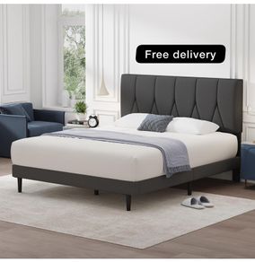 Double Bed Frame, Dark Grey, Upholstered Wooden Slat Bed Frame with Headboard