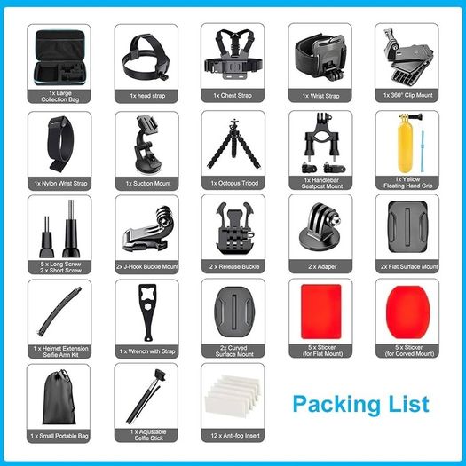 Action Camera Accessories Kit 60-In-1 for GoPro Hero 12 11 10 9 8 7 6 5 Session 4 3+ 3 2 1 Black Silver SJ4000 / SJ5000 / SJ6000 DJI OSMO Action DBPOWER AKASO Xiaomi Yi APEMAN