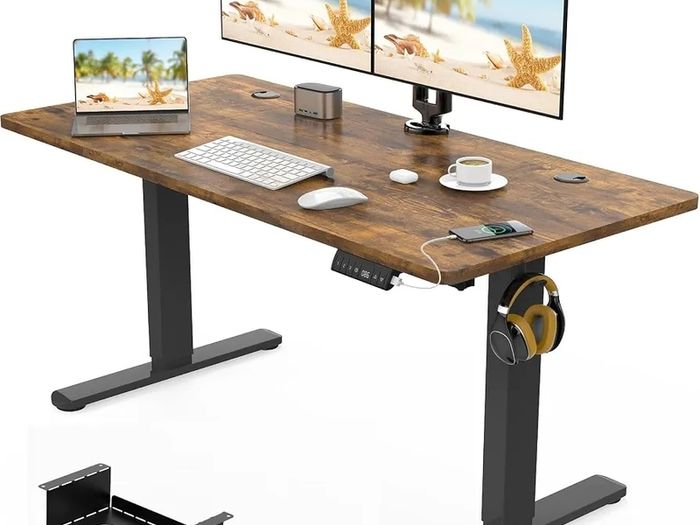 120 x 60cm Electric Standing Desk with USB Charging Port (New Sedentary Reminder), Height Adjustable Standing Desk with Cable Tray, Small Sit Stand Desk for Home Office (Brown)
