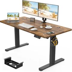 120 x 60cm Electric Standing Desk with USB Charging Port (New Sedentary Reminder), Height Adjustable Standing Desk with Cable Tray, Small Sit Stand Desk for Home Office (Brown)