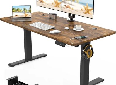 120 x 60cm Electric Standing Desk with USB Charging Port (New Sedentary Reminder), Height Adjustable Standing Desk with Cable Tray, Small Sit Stand Desk for Home Office (Brown)
