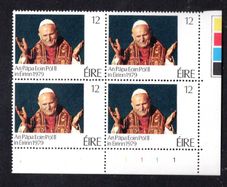 1979 Ireland Papal Visit of Ireland Commemorative Stamp Plate Block 1111 with colour control Mint Never Hinged (MNH)