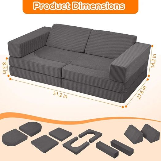 Corduroy Kids Play Sofa, 10-Pieces Toddler Chair, Light Grey Fold Out Bed Foam Modular Couch for Girls Boys, Convertible Armchair Children Sectional Playset for Playroom