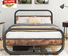 King Size Bed Frame with Headboard,Oval-Shaped Platform Bed with Under-Bed Storage,Steel Slats Mattress Foundation Round Pipe Design,Brown