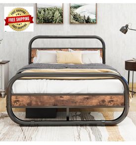 King Size Bed Frame with Headboard,Oval-Shaped Platform Bed with Under-Bed Storage,Steel Slats Mattress Foundation Round Pipe Design,Brown