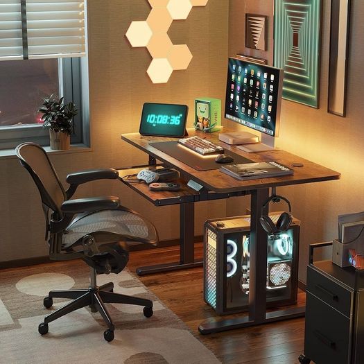 Height Adjustable Electric Standing Desk with Keyboard Tray, 100 x 60 cm Sit Stand up Desk with Splice Board, Black Frame/Rustic Brown Top