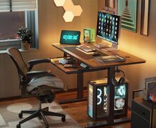 Height Adjustable Electric Standing Desk with Keyboard Tray, 100 x 60 cm Sit Stand up Desk with Splice Board, Black Frame/Rustic Brown Top