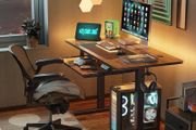NEW SALE | Height Adjustable Electric Standing Desk with Keyboard Tray, 100 x 60 cm Sit Stand up Desk with Splice Board, Black Frame/Rustic Brown Top