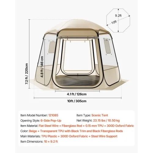 Pop up Bubble Tent, 3.05 x 2.75 m Waterproof & UV-Resistant, Clear Camping Tent Shelter