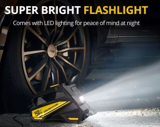 Portable Air Compressor Pump with an LED Light, Suitable for Cars, Motorcycles, And Bicycles - DC 12V, 150 PSI, new, unopened.