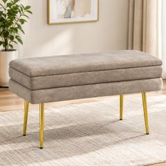 Beige Upholstered Storage Bench with Gold Steel Legs