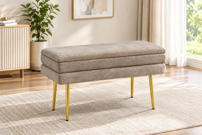Beige Upholstered Storage Bench with Gold Steel Legs