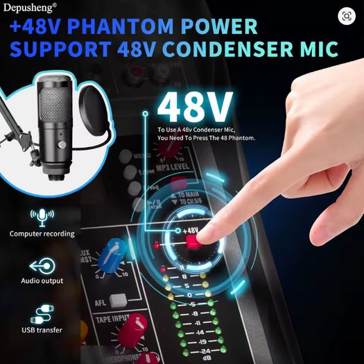 DEPUSHENG DX12 Professional Audio Mixer 12 Channel Studio Audio Console USB MP3 Input 48v Phantom Power DJ Console