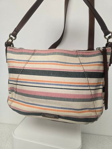 Fossil Striped Canvas & Leather Hobo Bag + Matching Zip Wallet Set