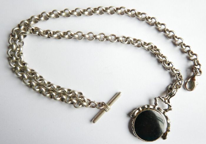 Vintage Silver Plated Pocket Watch Chain With Fob
