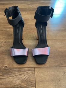 Miista black and lilac metallic block heel sandals