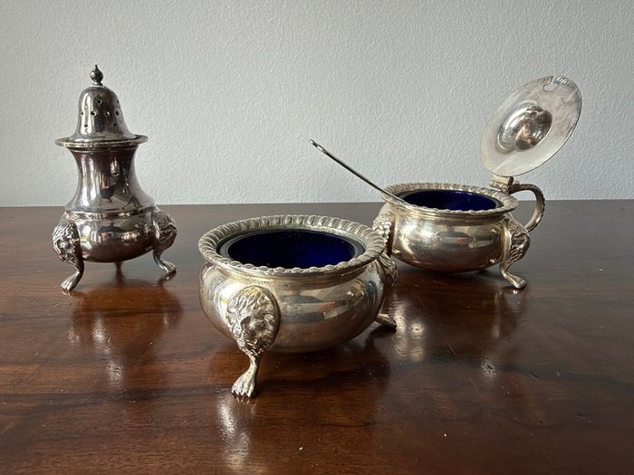 Vintage 3-Piece Cruet Set with Cobalt Blue Glass
