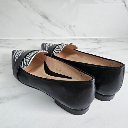 Emis slip on gorgeous leather flat black shoes with zebra detail RRP 100 euro new & boxed sizes UK 4 & UK 5