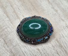 Antique Silver Filigree Enamel Green Aventurine Cabochon Brooch 14g