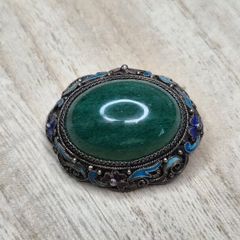 Antique Silver Filigree Enamel Green Aventurine Cabochon Brooch 14g