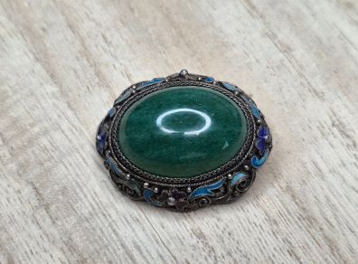 Antique Silver Filigree Enamel Green Aventurine Cabochon Brooch 14g