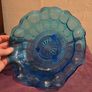 Vintage Turquoise Davison "Jacobean" pressed Glass Shallow 3 Footed Bowl Image 6