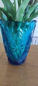 Beautiful Art Deco Pressed Glass Large Conical Shaped Vase in Blue Glass with a Zig Zag Rim and Star Cuts and Fans, Impressed Foreign Circa 1930+