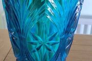 Beautiful Art Deco Pressed Glass Large Conical Shaped Vase in Blue Glass with a Zig Zag Rim and Star Cuts and Fans, Impressed Foreign Circa 1930+