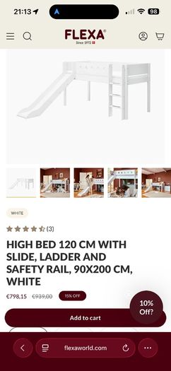 Flexa Mid-rise High Bed 120 Cm With Slide, Ladder And Safety Rail, 90x200 Cm, White