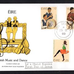 1980 Ireland Irish Music & Dance Commemorative Stamps Depart of Post and Telegraph Illustrated First Day Cover (FDC) with Dun Dealgan (Dundalk, Co. Louth) steele cancel