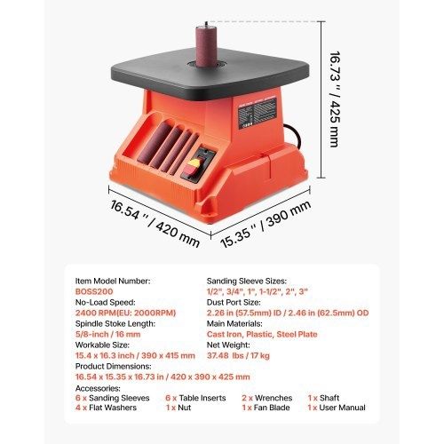 Oscillating Spindle Sander, 2000RPM Benchtop Spindle Sander with 6 Sleeves (12.7-76.2 mm), 16mm Stroke & 390 x 415 mm Wide Worktable for Furniture
