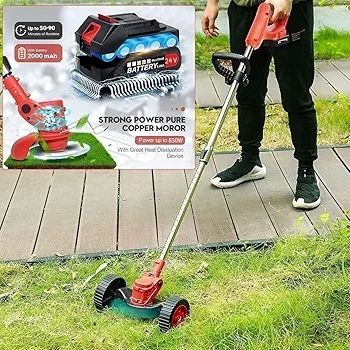 Cordless Strimmer 21V Battery Strimmer Lightweight Garden Strimmer with 2pcs Batteries&13pcs Blade&removable Wheels Brush