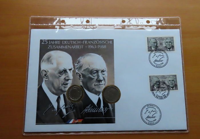 France Germany Joint Issue Treaty On The Cooperation 1963 1988 FDC ( coins cover )