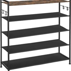 NEW SALE | 5-Tier Shoe Rack, Metal Shoe Shelf, Oxford Fabric Shelves, for 20-25 Pairs of Shoes, 29 x 89 x 92.5 cm, 4 Hooks, Open Shoe Cabinet for Hallway Bedroom, Rustic Brown and Black