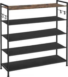NEW SALE | 5-Tier Shoe Rack, Metal Shoe Shelf, Oxford Fabric Shelves, for 20-25 Pairs of Shoes, 29 x 89 x 92.5 cm, 4 Hooks, Open Shoe Cabinet for Hallway Bedroom, Rustic Brown and Black