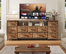 63 Tv Cabinet, Dresser for Bedroom with 11 Fabric Drawers, TV Stand with Power Socket for TVs up to 70", TV Units