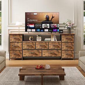 63 Tv Cabinet, Dresser for Bedroom with 11 Fabric Drawers, TV Stand with Power Socket for TVs up to 70", TV Units