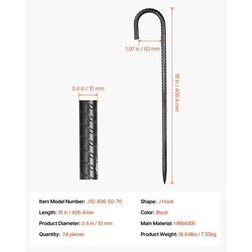 406,4 mm / 16-Inch 24 Pack Rebar Stakes Heavy Duty J Hook Galvanized Ground Anchors