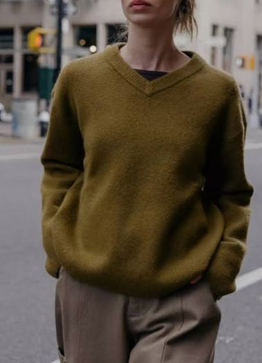 Zara Olive Green Oversized  V Neck Jumper  Size Large