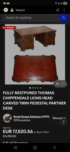 Thomas Chippendale Lions Head Carved Twin Pedestal Partner Desk