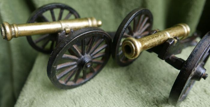 Vintage Brass and Cast Iron Cannons - Moving Wheels - Adjustable Mini Cannon - Set of 2