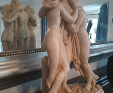 Three Graces Mantelpiece Antique Display On Black Marble Stand.