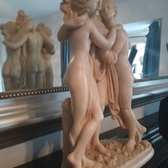 Three Graces Mantelpiece Antique Display On Black Marble Stand.