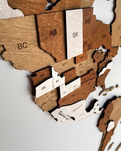 3D Classic Wooden World Map with Country Borders Country Names Capital Names US and Canada Borders and Names 3D Map Effect