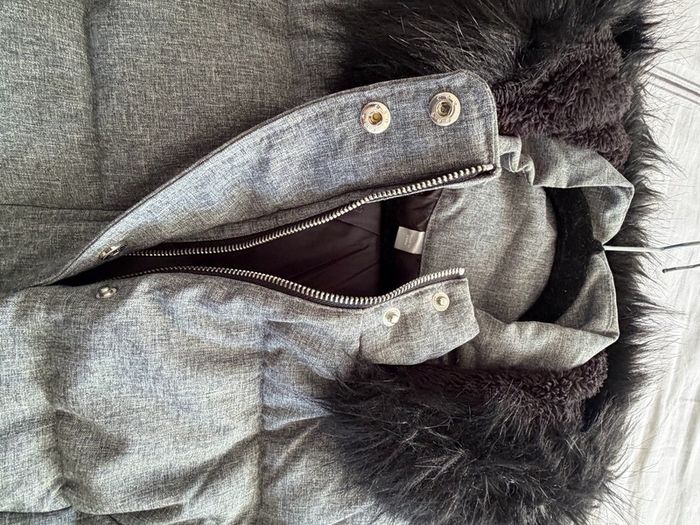 Grey winter coat with black faux fur hood trim) - size 16