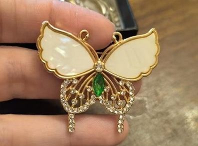 Butterfly Emerald Stone Crystals Gold Brooch