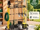 Heavy Duty Garden Tool Organiser with Wheels  Mobile Steel Storage Rack for Rakes, Shovels & Long Handled Tools