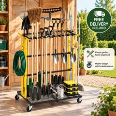 Heavy Duty Garden Tool Organiser with Wheels  Mobile Steel Storage Rack for Rakes, Shovels & Long Handled Tools