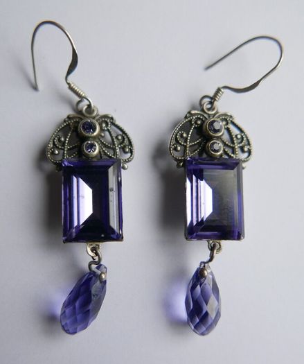 Vintage Sterling Silver 925 Dainty Violet Crystal and Silver Earrings 8,8g