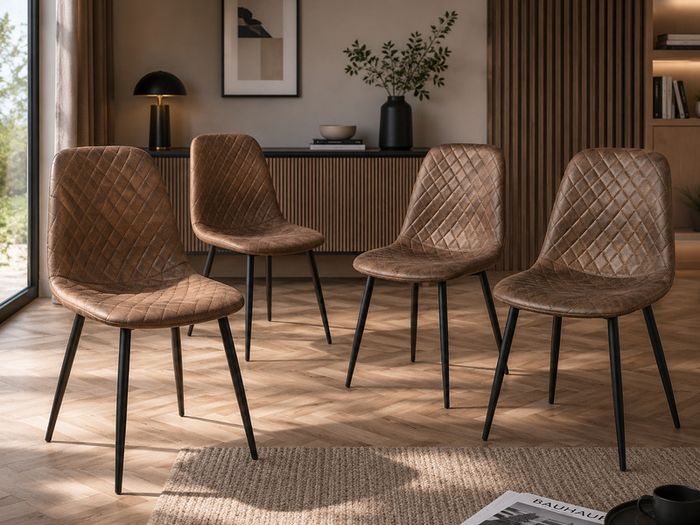 Set of 4 Brown Faux Leather Dining Chairs with Black Metal Legs